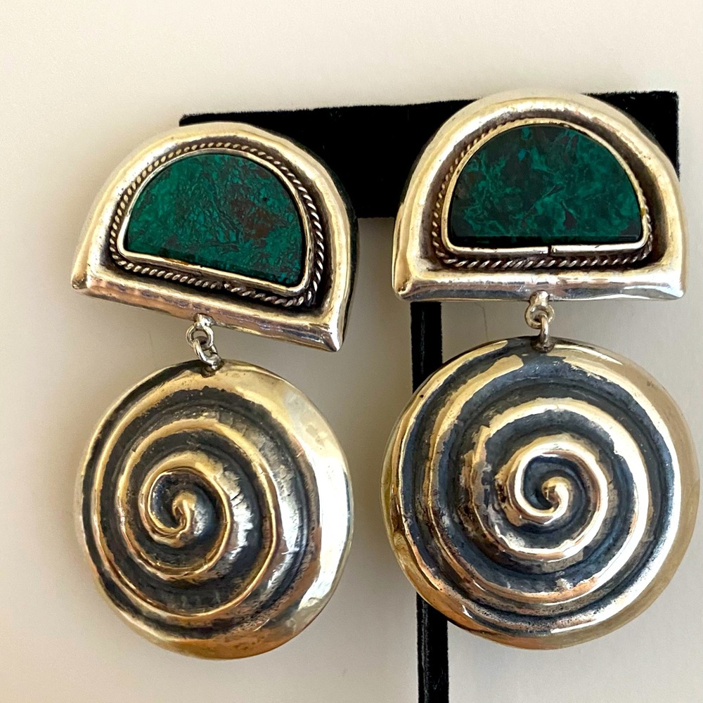 Vintage sterling and Malachite clip earrings